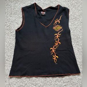 Harley-Davidson Black Orange Graphic Muscle Tee Tank Top Shirt 2004 Beach